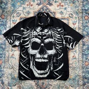 Vintage Mecca Y2K Skull All Over Print Button-up Shirt Large